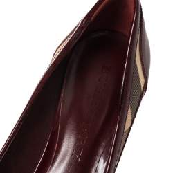 Pre Owned Burberry Burgundy Patent Leather And Nova Check Canvas Buckle Detail Peep Toe Pumps Size 40
