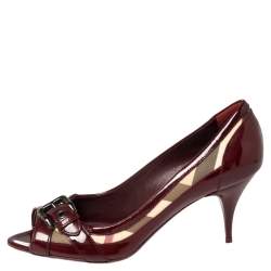 Pre Owned Burberry Burgundy Patent Leather And Nova Check Canvas Buckle Detail Peep Toe Pumps Size 40