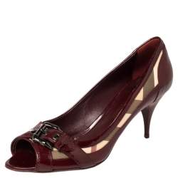 Pre Owned Burberry Burgundy Patent Leather And Nova Check Canvas Buckle Detail Peep Toe Pumps Size 40