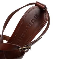 Pre Owned صندل بربري جلد بني سيور كعب روكي خشبي نعل سميك مقاس 38