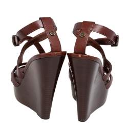 Pre Owned صندل بربري جلد بني سيور كعب روكي خشبي نعل سميك مقاس 38