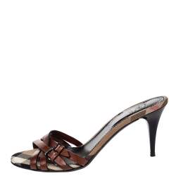 مملوكة مسبقًا Burberry Brown Leather Strappy Slide Sandals Size 39 