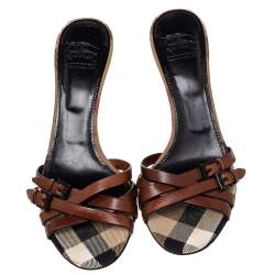 مملوكة مسبقًا Burberry Brown Leather Strappy Slide Sandals Size 39 