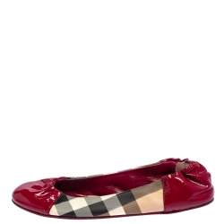 Pre Owned Burberry Pink Patent Leather and Nova Check Coated Canvas Scrunch Flats Size 38