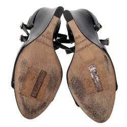 Burberry Black Patent Leather T-Strap Wedge Sandals Size 38