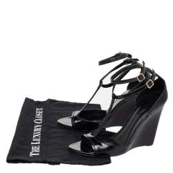 Burberry Black Patent Leather T-Strap Wedge Sandals Size 38