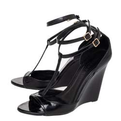 Burberry Black Patent Leather T-Strap Wedge Sandals Size 38