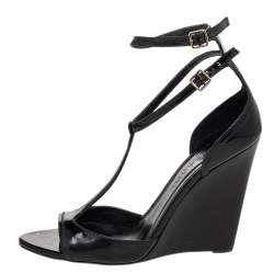 Burberry Black Patent Leather T-Strap Wedge Sandals Size 38