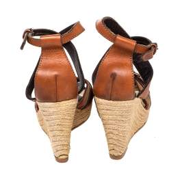 Burberry Brown Leather And Novacheck Canvas Buckle Detail Wedge Espadrille Sandals Size 39