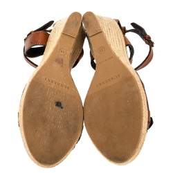 Burberry Brown Leather And Novacheck Canvas Buckle Detail Wedge Espadrille Sandals Size 39
