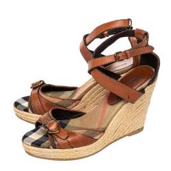 Burberry Brown Leather And Novacheck Canvas Buckle Detail Wedge Espadrille Sandals Size 39
