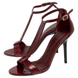 Burberry Burgundy Snakeskin And Patent Leather T-strap Sandals Size 37