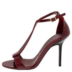 Burberry Burgundy Snakeskin And Patent Leather T-strap Sandals Size 37