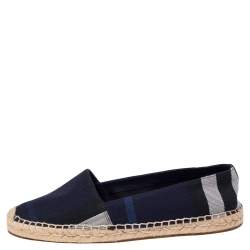 Pre Owned Burberry Navy Blue House Check Canvas Espadrilles Flats Size 38.5