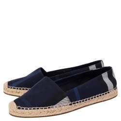 Pre Owned Burberry Navy Blue House Check Canvas Espadrilles Flats Size 38.5