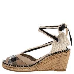 Pre Owned Burberry Beige Nova Check Canvas And Leather Espadrille Wedge Sandals Size 39