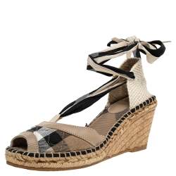 Pre Owned Burberry Beige Nova Check Canvas And Leather Espadrille Wedge Sandals Size 39