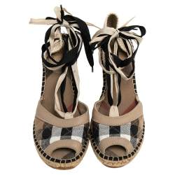 Pre Owned Burberry Beige Nova Check Canvas And Leather Espadrille Wedge Sandals Size 39
