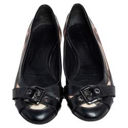 Pre Owned Burberry Black and Nova Chek Coated Canvas and Patent Leather Flats Size 40