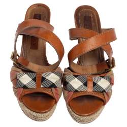 Pre Owned Burberry Brown Leather And Canvas Espadrille Ankle Wrap Wedge Platform Sandals Size 36.5