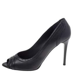 Burberry Black Leather Brogue Peep Toe Pumps Size 41