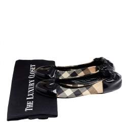 Burberry Black Patent Leather And Nova Check Coated Canvas Scrunch Ballet Flats Size 36