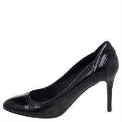 Pre Owned حذاء كعب عالي بربري كانفاس مقوى وجلد أسود لامع مقاس 37