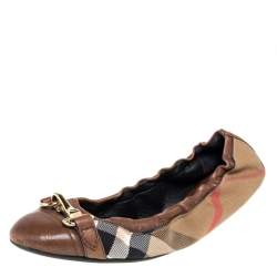 Pre Owned Burberry Brown House Check Canvas And Leather Shipley Ballet Flats Size 40