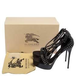 مملوكة مسبقًا صندل بربري نعل سميك مرصع سيور متعاكسة جلد أسود مقاس 39.5