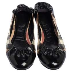 Burberry Black Patent Leather And Nova Check Canvas Scrunch Ballet Flats Size 38