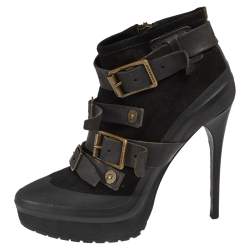 Burberry Black Leather and Suede Buckle Detail Ankle Boots Size 38