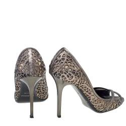 Pre Owned حذاء كعب عالي بربري مقدمة مفتوحة كانفاس كاروهات نوفا وجلد قصة ليزر رمادي ميتالك مقاس 38