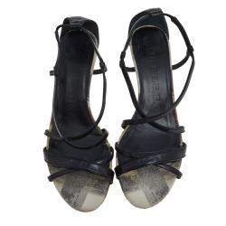 Burberry Black Patent Leather Criss Cross Open Toe Cork Wedge Sandals Size 38