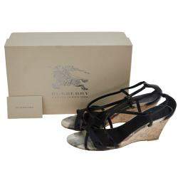 Burberry Black Patent Leather Criss Cross Open Toe Cork Wedge Sandals Size 38