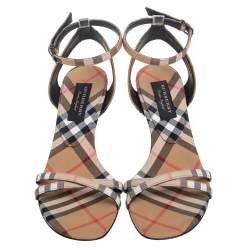 Burberry Beige Novacheck Fabric Hansel Cross Strap Cone Heel Sandals Size 35