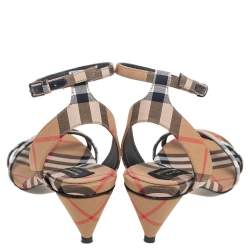 Burberry Beige Novacheck Fabric Hansel Cross Strap Cone Heel Sandals Size 35