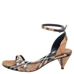 Burberry Beige Novacheck Fabric Hansel Cross Strap Cone Heel Sandals Size 35