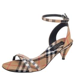 Burberry Beige Novacheck Fabric Hansel Cross Strap Cone Heel Sandals Size 35