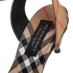 Burberry Beige Novacheck Fabric Hansel Cross Strap Cone Heel Sandals Size 35