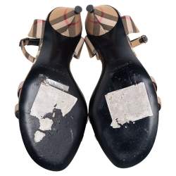 Burberry Beige Novacheck Fabric Hansel Cross Strap Cone Heel Sandals Size 35
