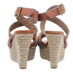 Burberry Brown Leather And Canvas Espadrille Ankle Wrap Wedge Platform Sandals Size 38