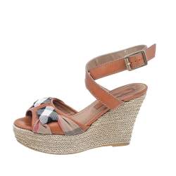 Burberry Brown Leather And Canvas Espadrille Ankle Wrap Wedge Platform Sandals Size 38