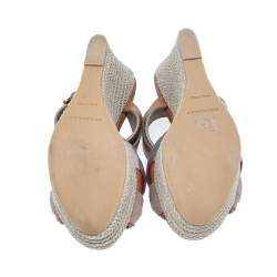 Burberry Brown Leather And Canvas Espadrille Ankle Wrap Wedge Platform Sandals Size 38