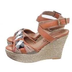 Burberry Brown Leather And Canvas Espadrille Ankle Wrap Wedge Platform Sandals Size 38