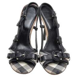 Burberry Black/Beige Novacheck Canvas And Leather Slingback Sandals Size 37
