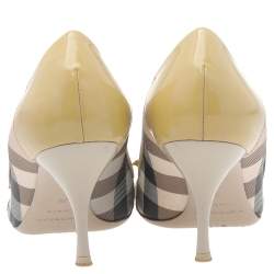 Pre Owned Burberry Beige Nova Check Coated Canvas And  Patent Leather Buckle Round Toe Pumps Size 38