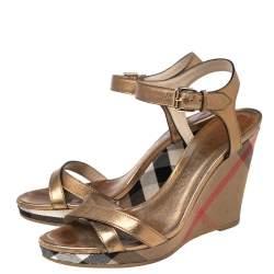 Burberry Gold Leather and Nova Check Canvas Platform Wedge Sandals Size 38.5