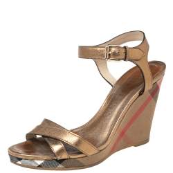 Burberry Gold Leather and Nova Check Canvas Platform Wedge Sandals Size 38.5