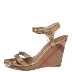 Burberry Gold Leather and Nova Check Canvas Platform Wedge Sandals Size 38.5