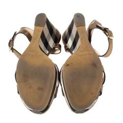 Burberry Gold Leather and Nova Check Canvas Platform Wedge Sandals Size 38.5